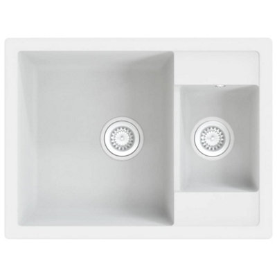 Berkfield Sleek Kitchen Sink With Overflow Hole Double Basins White Granite from B&Q