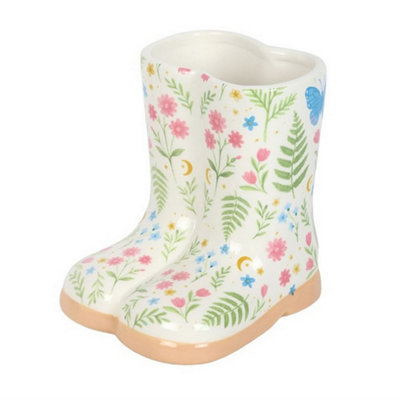 B&Q White/Pink/Green Something Different Luna Bloom Welly Boot Floral Planter (One ) 17Cm B&Q