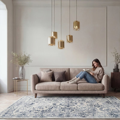 B&Q -  Kukoon Oscar Blue Soft Living Area Rug Vintage Bordered240 X 60Cm