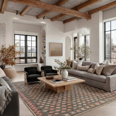 B&Q -  Kukoon Handwoven Jute Smart Grey Machine Washable Soft Bordered Area Rug With170 X 120Cm