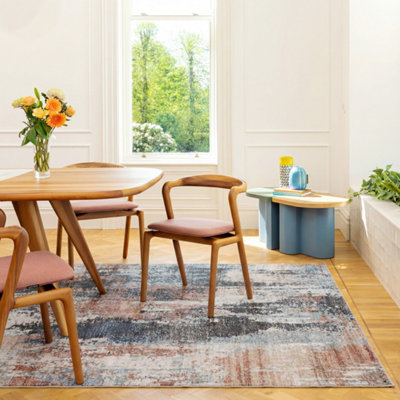B&Q -  Blue Abstract Machine Washable Soft Washable Living Area Rug330 X 240Cm