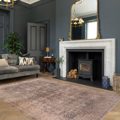 Loomed Brown Soft Machine Washable Washable Vintage Living Area Rug150 X 80Cm