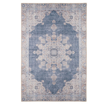B&Q -  Kukoon Blue Flat Machine Washable Woven Soft Bordered Vintage Living Area Rug170 X 120Cm