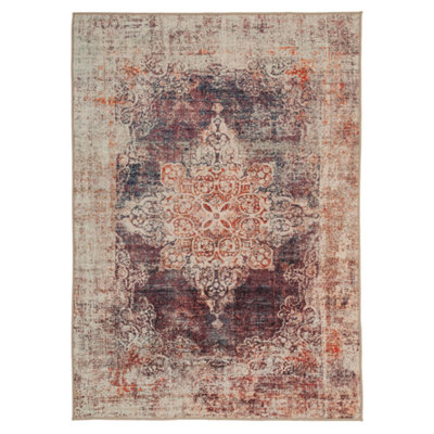 B&Q -  Purple Machine Washable Soft Vintage Bordered Area Rug330 X 240Cm