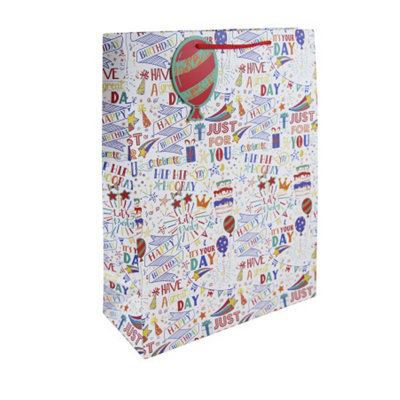 Eurowrap Text Repeat Kraft Paper Happy Birthday Gift Bag (Pack Of 6) White/multicoloured (45Cm X 33Cm X 15Cm) from B&Q