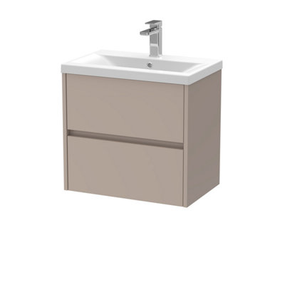 B&Q -  Chartley Contemporary Wall Hung 2 Drawer Vanity Basin UnitMid-Edge Basin600mmTaupe