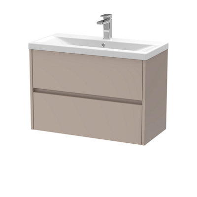 B&Q -  Chartley Contemporary Wall Hung 2 Drawer Vanity Basin UnitMid-Edge Basin800mmTaupe