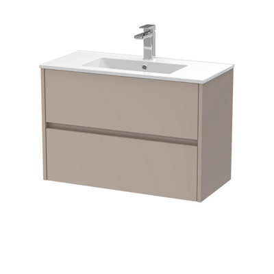 B&Q -  Chartley Contemporary Wall Hung 2 Drawer Vanity Basin UnitMinimalist Basin800mmTaupe
