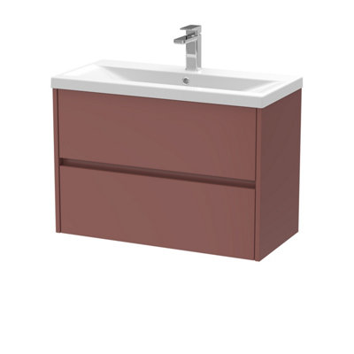 B&Q -  Chartley Contemporary Wall Hung 2 Drawer Vanity Basin UnitMid-Edge Basin800mmSmoked Red