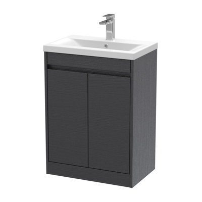 B&Q -  Chartley Contemporary Floor Standing 2 Door Vanity Basin UnitMid-Edge Basin600mmWoodgrain Graphite Grey
