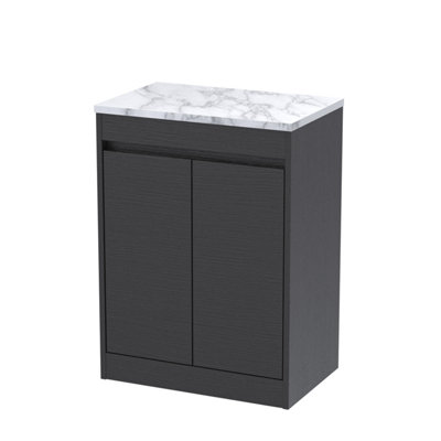 B&Q -  Chartley Contemporary Floor Standing 2 Door Vanity Unit With Carrera Marble Laminate Worktop600mmWoodgrain Graphite Grey