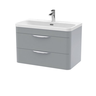 B&Q -  Aldershawe Contemporary Wall Hung 2 Drawer Vanity Basin UnitThin Edge Ceramic Basin800mmSatin Grey