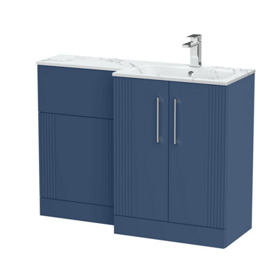 B&Q -  Belvide Retro Partially Fluted Floor Standing 2 Door Vanity Wc Unit And Carrera Marble Stone BasinRight Hand1100mmBlue
