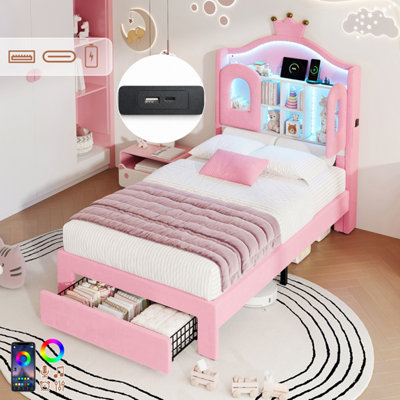 B&Q -  3Ft Single Upholstered Bed With Led StorageUsb  Type C ChargingVelvet With Drawer StoragePink (No Mattress)