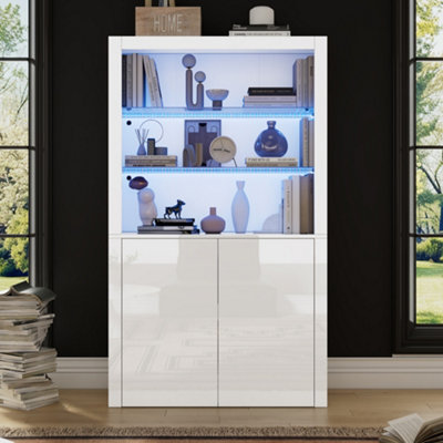 B&Q -  100 X 35 X 170Cm High Gloss Display Cabinet With Led LightsGlass ShelvesStorage Cupboard With Doors For Living RoomWhite