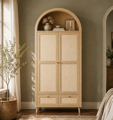 B&Q -  Arched 2 Door Wardrobe With 2 Drawers180Cm Rattan Effect Double Wardrobe With Hanging Rail And Display ShelfNatural Oak