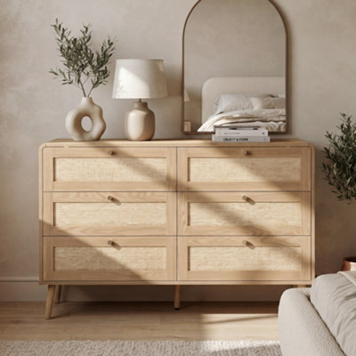 B&Q -  6 Drawer Chest Of Drawers120Cm Rattan Effect Dresser With Spacious StorageRounded Corners And Raised LegsNatural Oak