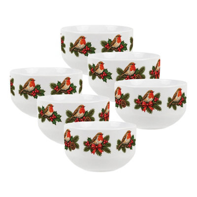 Festive Robins Ceramic Bowls - Christmas Treats/Desserts Tableware Gifts, 6pk - Image 3