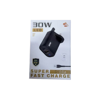 B&Q 30W/quick Charge 3.0 Fast Wall Charger With A-Ip Cable For Apple Iphone/ipad/samsung - Black