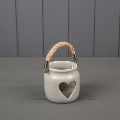 Kdmd Grey Porcelain Heart Tealight Holder With Rope Handle - Grey - Image 3