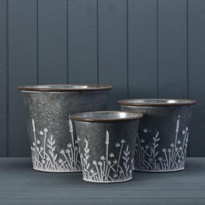 Kdmd Grey Set Of Three Rustic Metal Planters With Meadow Design - Grey - Image 3