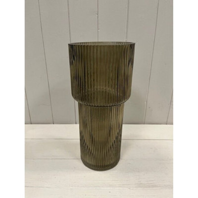 Kdmd Unisex Olive Green Tall Glass Ribbed Vase - Image 3