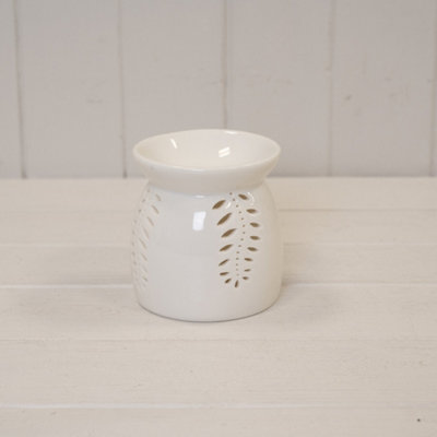  - Medium White Ceramic Glazed Oil Burner With Leaf Detail