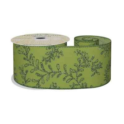 B&Q Ribbon With Glitter Leaf 63mm X 10Yd - Green