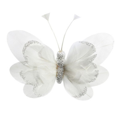  - 14Cm Feather & Glitter Butterfly 6 PackWhite