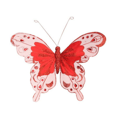  - 24Cm Fabric & Glitter Butterfly 6 PackRed