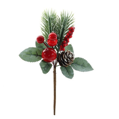 Kdmd Frosted Festive Pick With Red Berries Pinecone 6 Pack - Red - Image 3
