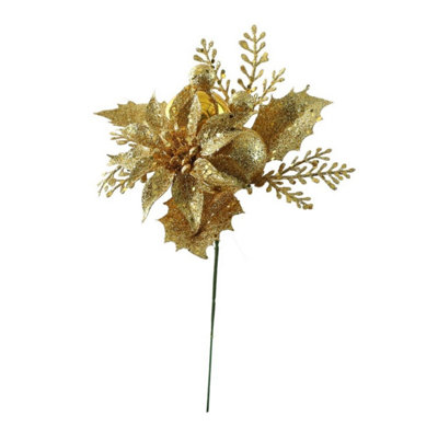 Kdmd Unisex Gold Glitter Poinsettia & Bauble Pick 24Cm 5 Pack - Image 3
