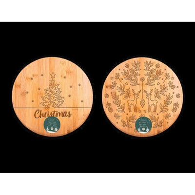 Kdmd Unisex Brown Festive Round Bamboo Serving Board 30Cm 2 Pack Assorted Designs In - Image 2