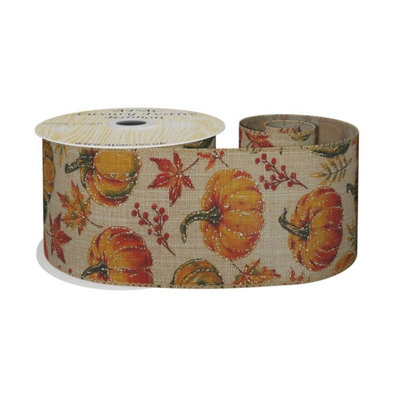B&Q Autumn Ribbon With Pumpkins 63mm X 10 Yards - Orange
