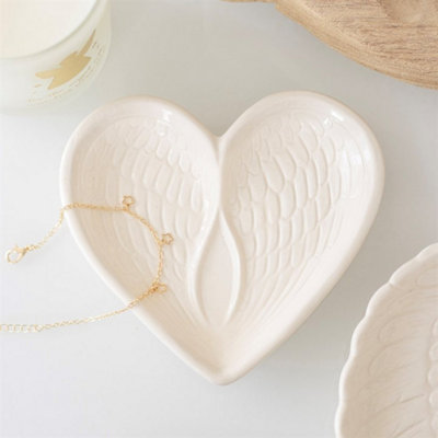  - Off White Angel Wing Heart Trinket Dish Ceramic Jewellery Dish