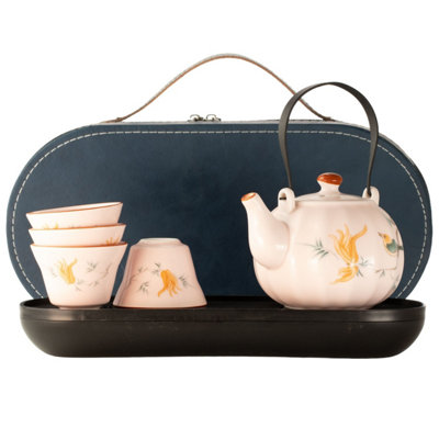  - Travel Teapot Set With Four Cups Pink Vintage Pumpkin Style Tea Set