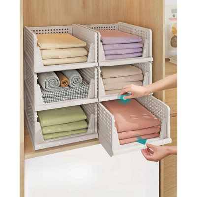  - Set Of 6 Foldable Closet OrganisersStackable Wardrobe Storage Baskets With Pull-Out DrawersWhite