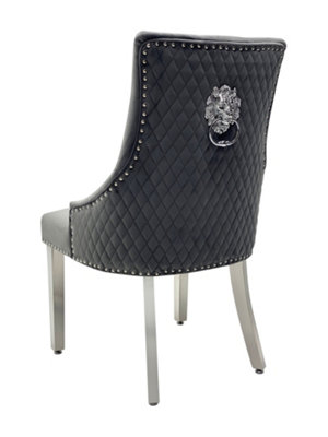 B&Q -  Pair Of Majestic Grey Brushed Velvet Dining Chairs With Silver Lion Knocker