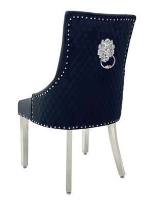B&Q -  Pair Of Majestic Black Brushed Velvet Dining Chairs With Silver Lion Knocker