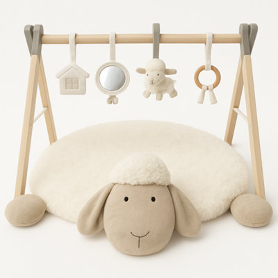 B&Q -  Baby Ewe & Me Play Mat Baby Gym Wooden Activity Tummy Time Playmat Super Soft Sheep Design X4 Detachable Sensory Toys