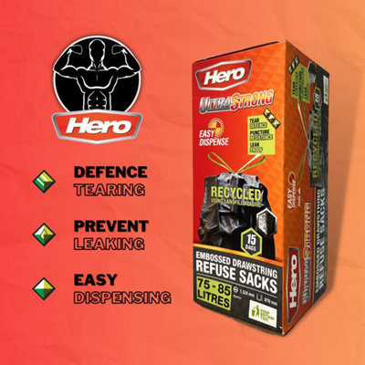 Hero Black 85L Embosed Bin Bag Ultra Strong Drawstring Refuse Sacks X15 from B&Q