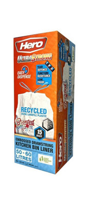 Hero 60L Scented Bin Bags Liners Strong Drawstring Refuse Sacks Swing White X15 from B&Q
