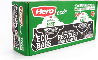 Hero Eco Extra Strong Bin Bags Liners 70L Recycled Easy Dispense Heavy Duty Refuse Sacks Pack Of 200 from B&Q