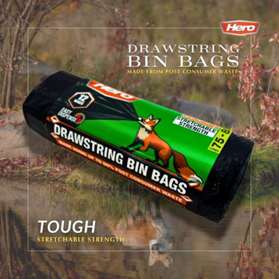 Hero 75-85L Black Bin Bags 12 X Recycled Heavy Duty Strong Rubbish Drawstring Refuse Sacks Ideal Household & Garden from B&Q