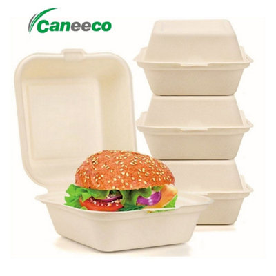 50 Pack Bagasse Burger Boxes 6X6" Compostable Clamshell Food Containers Pfas Free Sugarcane Takeaway Boxes from B&Q