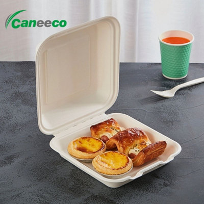 Caneeco 8X8 Biodegradable Takeaway Boxes Sugarcane Clamshell Food Containers Eco FriendlyCompostable & Sturdy 50 Pack from B&Q