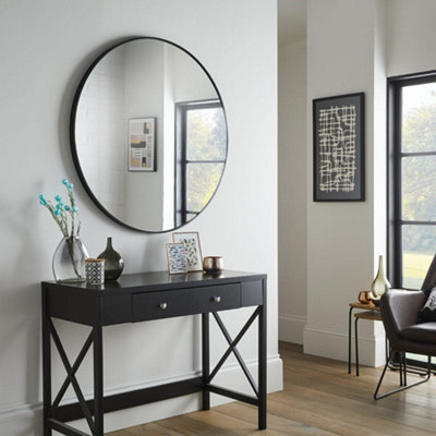 B&Q -  Wall Mirror Bexley Round Shaped With Black Aluminium Frame- Diameter 40Cm For Contemporary Interior In Living RoomDining Room