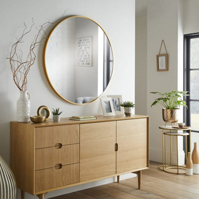 B&Q -  Wall Mirror Bexley Round Shaped With Brushed Gold Aluminium Frame- Diameter 40Cm For Lounge Exuding OpulenceArt Deco Home
