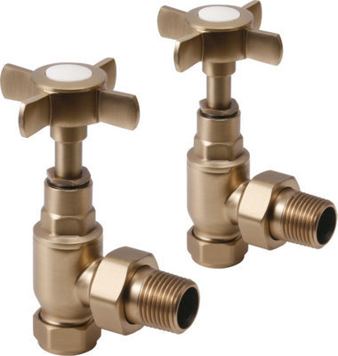 Lux Heat Angled Brushed Brass Manual Cross-Head Radiator Valve Set from B&Q