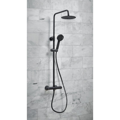GravaHaus Matt Black Round Overhead Thermostatic Rigid Riser Shower Kit Adjustable Height from B&Q